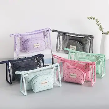 Wholesale Three-Piece Cosmetic Bag Set | Transparent PVC & Fabric Pouches for Beauty Brands & Retailers