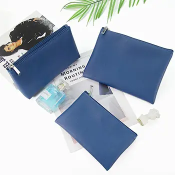 Wholesale Navy Blue PU Leather Cosmetic Pouch Set | Minimalist & Versatile Makeup Bags for Beauty Brands & Retailers