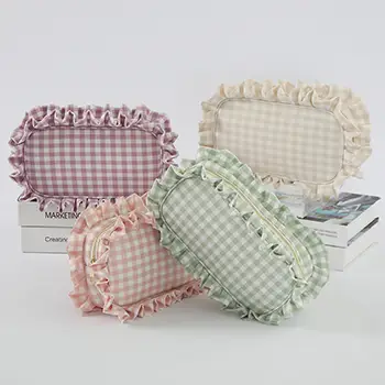 Wholesale Gingham Cosmetic Bag with Ruffle Trim | Stylish & Durable Travel Makeup Organizer for Beauty Brands & Retailers