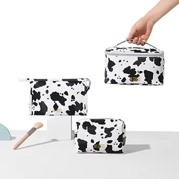 BEARKY Waterproof PU Cow Pattern Pretty Makeup Bags Portable Travel Leather Makeup Pouch