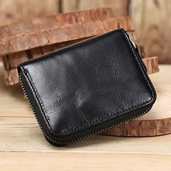 Compact Accordion-Style Genuine Leather Card Holder with Zipper Closure