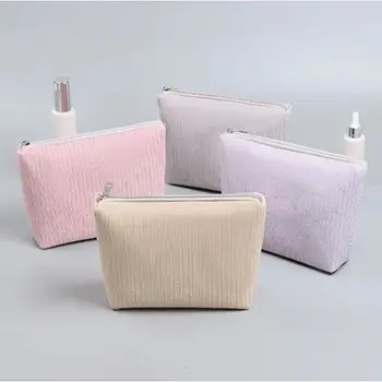 Travel Cute Makeup Bag Portable Solid Color Corduroy Large Toiletry Bag 