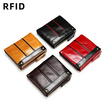 Dual-Zipper RFID-Blocking Leather Wallet with Snap Closure