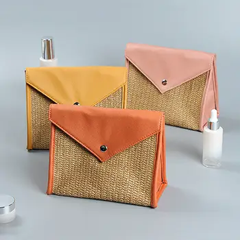 Hot Sale Straw Set Factory OEM Straw Leather Toiletry Bag Womens Cute Cosmetic Bags