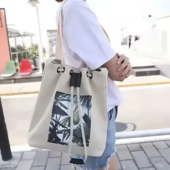 Medium Canvas Tote Bag with Drawstring Closure and Graphic Print