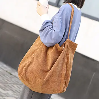 Corduroy Canvas Tote Bag with Large Capacity and Casual Style