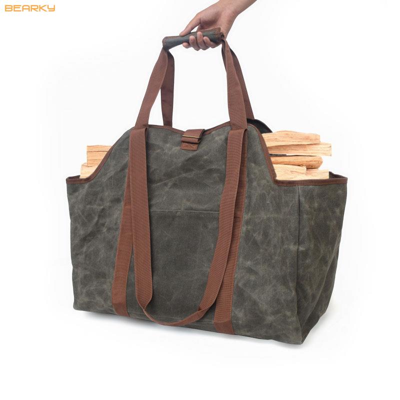 : Oversized Waxed Canvas Firewood Tote with Reinforced Straps