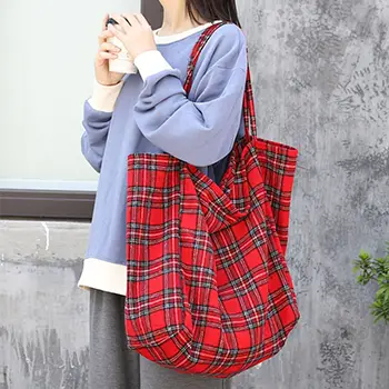 Plaid Canvas Tote Bag with Large Capacity and Casual Design