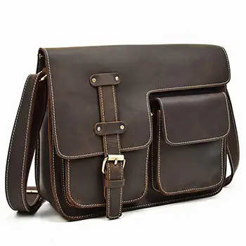 Premium Leather Messenger Bag with Multiple Front Pockets and Buckle Detail