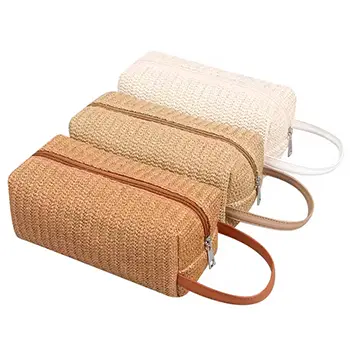 Small Square In Hand Lightweight Straw Overnight Toiletry Bag Small Cosmetic Pouch