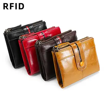  RFID-Blocking Leather Wallet with Secure Snap and Zipper Compartments