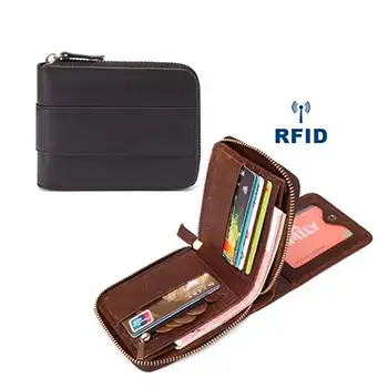 RFID-Blocking Compact Leather Wallet with Zipper Closure