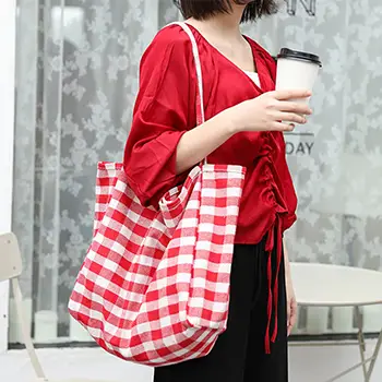 Striped and Checkered Canvas Tote Bag with Large Capacity and Casual Design