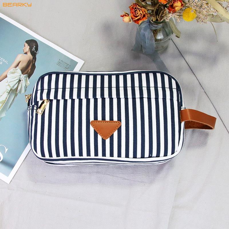 Striped Pattern Blue Mens Toiletry Bag Travel Kit White Makeup Bag