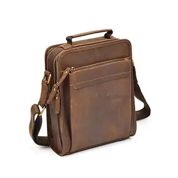 Vintage Leather Men's Crossbody Bag with Top Handle and Zippered Compartments