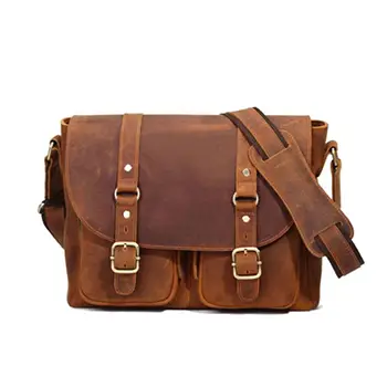  Vintage Leather Messenger Bag with Dual Buckle Straps