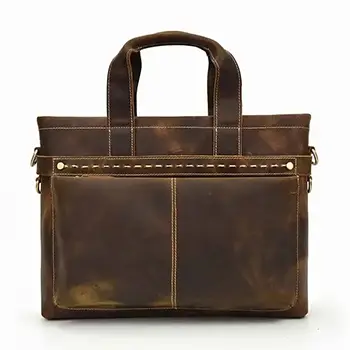 Vintage Leather Tote Bag with Zippered Pocket and Spacious Interior