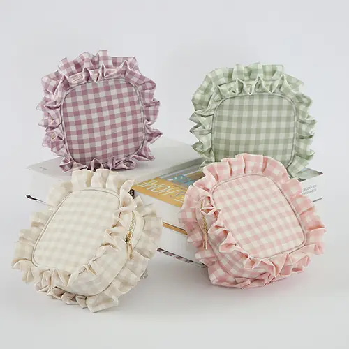 Wholesale Gingham Cosmetic Bag with Ruffle Trim | Stylish & Durable Travel Makeup Organizer for Beauty Brands & Retailers