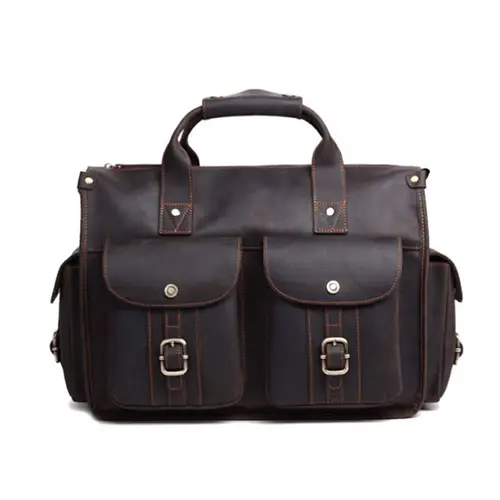 Vintage Leather Travel Duffle Bag with Dual Buckle Front Pockets and Zippered Compartment