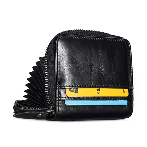 Compact Accordion-Style Genuine Leather Card Holder with Zipper Closure