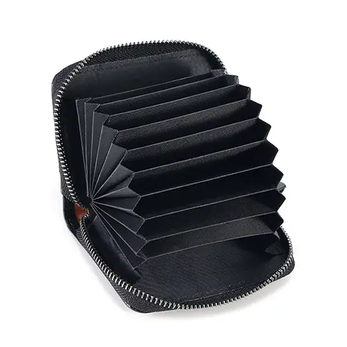 Compact Accordion-Style Genuine Leather Card Holder with Zipper Closure