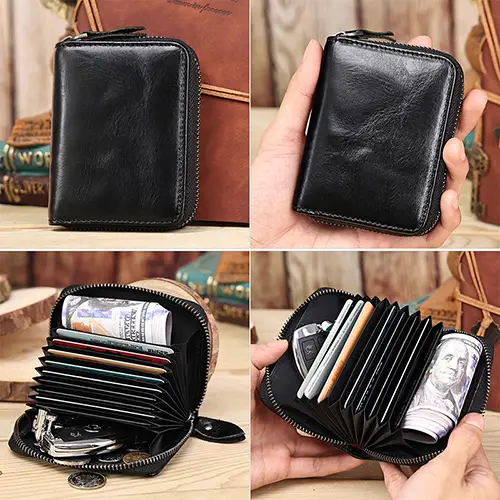 Compact Accordion-Style Genuine Leather Card Holder with Zipper Closure